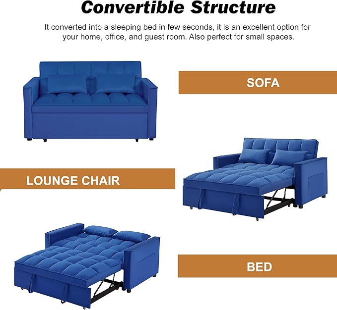 3 in 1 Convertible Sleeper Sofa Bed, Pull Out Couch Loveseat Futon, Adjustable Backrest Velvet Sofa with Pillows and Side Pockets for Living Room Apartment, Blue