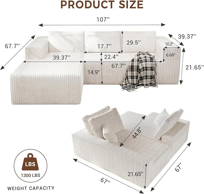 106" Boneless Couches for Living Room, Modular Sectional Sofa, L-Shape Sofa Couches,Cloud Couch Sectional, Comfy Corduroy Sofa, with Deep Seat, No Assembly Required (White, 108"+Left Facing Chaise)