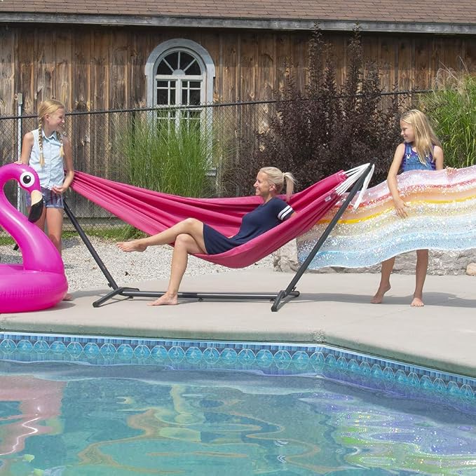 Vivere Double Polyester Hammock with Space Saving Steel Stand and Premium Carry Bag - 450 lb Capacity (Hot Pink) - Image 2