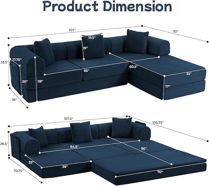 106.3" L Shape Convertible Sleeper Sofa Bed, Oversized Modular Sectional Cloud Sofa with Fixed-Shape Frame & Storage Pocket, Boneless Couch for Living Room, No Assembly Required, Blue