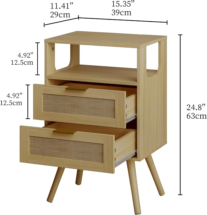 JOONEE Rattan Nightstand,Farmhouse Bedside Table with 2 Storage Drawer and Open Wood Shelf, for Bedroom and Small Spaces,Night Stand with Solid Wood Legs (Yellow Oak) - Image 2