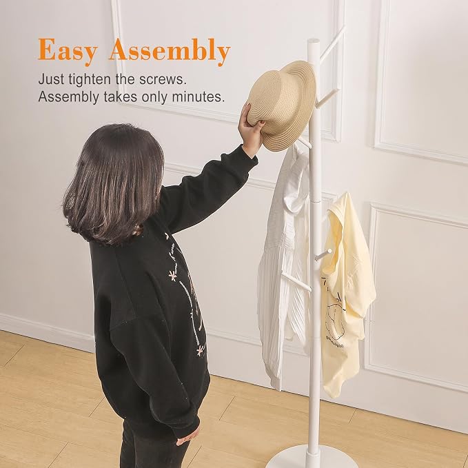 VECELO Coat Rack Freestanding, Entryway Hanger Stand, Umbrella Holder, Hall Tree With Hooks, Floor Standing Metal Tree Stand,White - Image 7