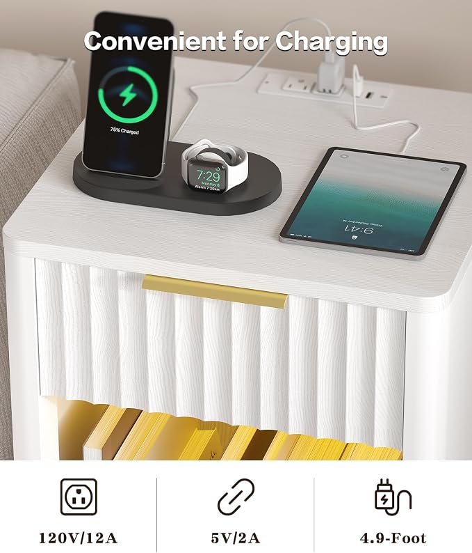 Akxomel Fluted Nightstand, Wooden Night Stand with Charging Station and LED Light, Modern Mid Century End Table with Drawer, 15" D x 15.7" W x 22.6" H, for Bedroom, White - Image 6