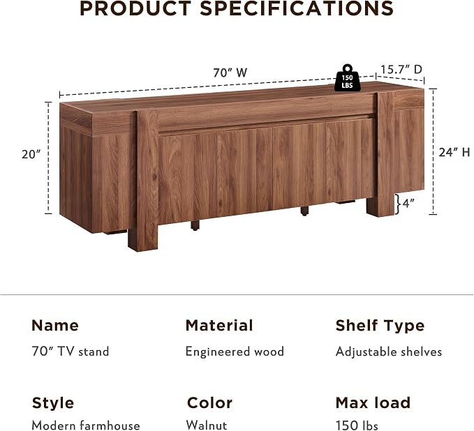 OKD Modern Farmhouse TV Stand, 70" Long Media Console Table with Storage Cabinet, Wooden Entertainment Center for Living Room, Walnut - Image 2