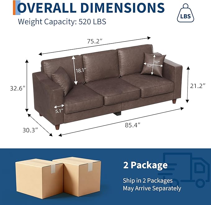 3-Seater Sofa Couch with 2 Throw Pillows, 85 Inches Faux Leather Couch with Wide Armrests, Deep Seats, Wood Legs, Back Cushion, Sturdy Support Feet, Couches for Living Room, Office, Dark Brown