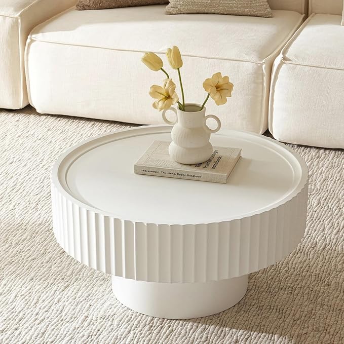 Round Coffee Table, 30.3in Modern Living Room Table, Fluted Drum Circle Tea Table with Storage, Accent Center Tables for Living Room, Apartment, Small Space(30.3''L×13.7''H) (White)