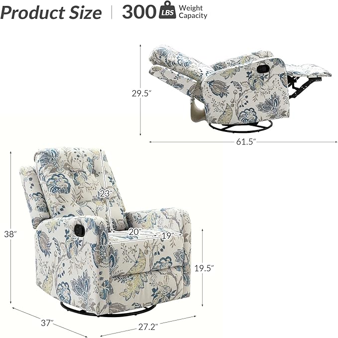 HULALA Home Recliner Chair Set of 2, Modern Printed Fabric for Living Room, Rocker Recliner Sofa Comfy Armchair 360 Degree Swivel, Nursery Rocking Chairs with Adjustable Backrest & Footrest/Blue
