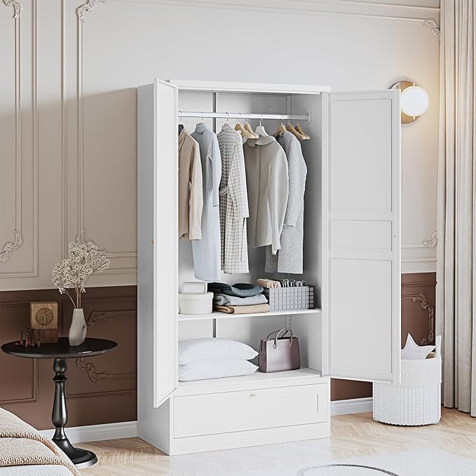 Steel Metal Wardrobe Armoire Closet with Drawer Clothing Locker Storage Cabinet 2 Door Closet Cabinet with Hanging Rod for Home Office Bedroom 72" X 36" X 18" White