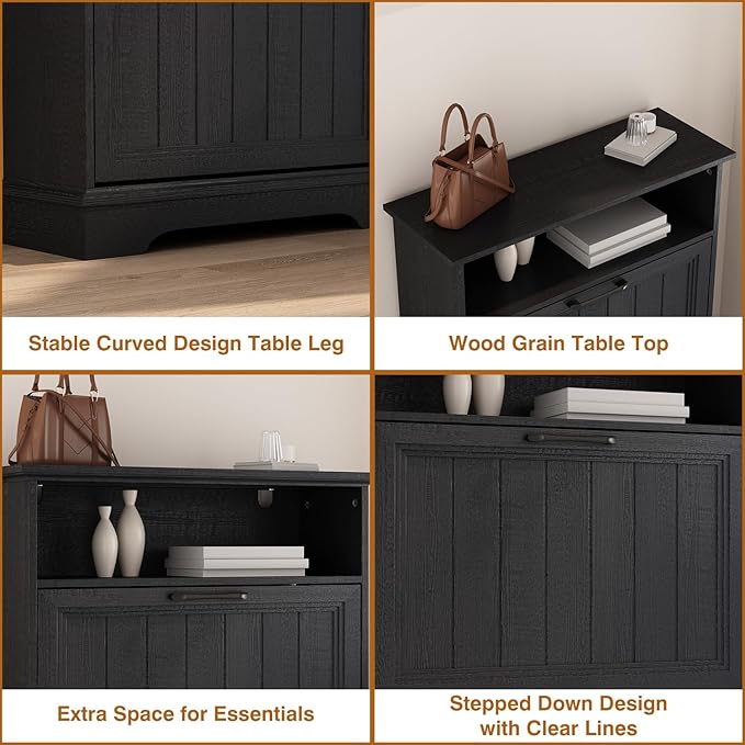 Shoe Storage Cabinet with 2 Flip Drawers, 24" W Farmhouse Modern Hidden Shoes Rack Cabinet with Adjustable Shelves & Open Storage, Narrow Slim Shoe Organizer for Front Door Entrance, Entryway, Black - Image 7