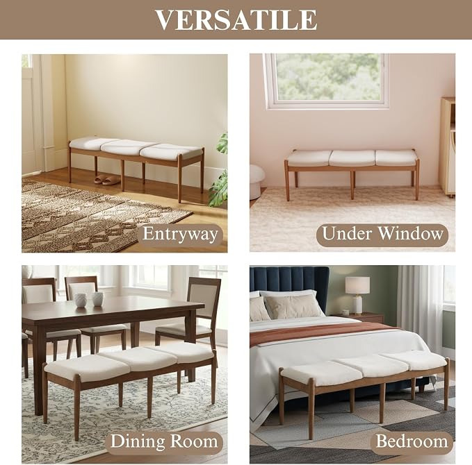 DUOMAY 55'' Modern Ottoman Bench, Chenille Upholstered Entryway Bench Bedroom Bench with Wood Legs, End of Bed Bench for Bedroom, Living Room, Corners, Kitchen, Beige - Image 9
