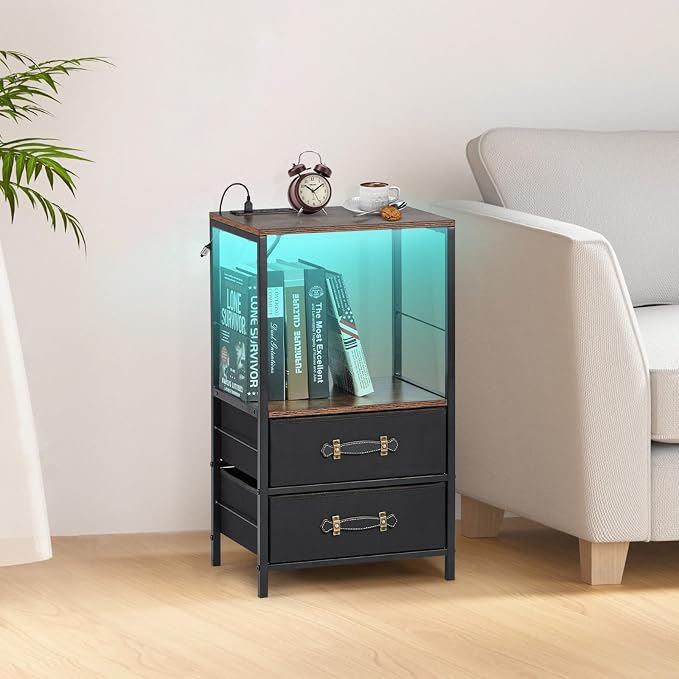 FUSLITE Nightstand with Charging Station, 27.5" Tall LED Night Stand with 2 Drawers, Industrial Bedside Table with Remote Control Lights, Rustic Brown End Table with USB Ports for Bedroom - Image 2