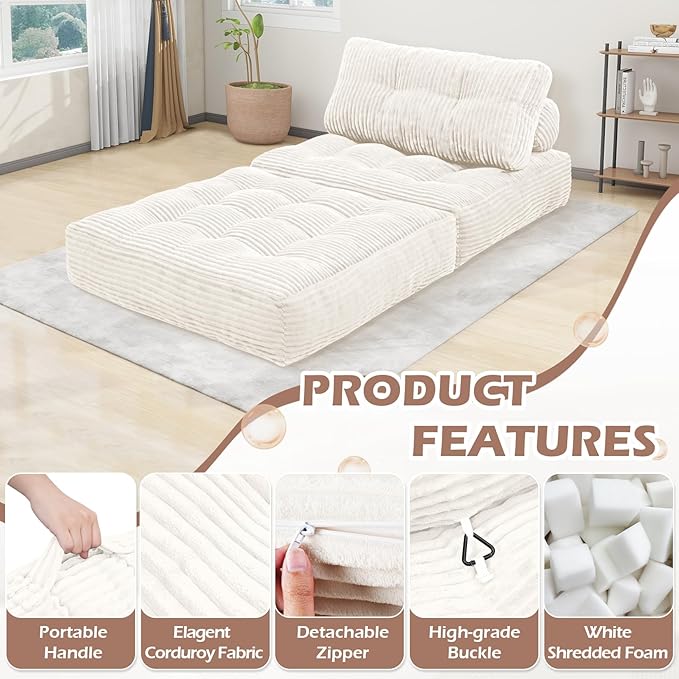 Folding Sofa Bed, Convertible Sleeper Chair with Pillow & Handle, Foldable Mattress Futon Chair Bed Lounge with Back Support, Comfy Floor Sofa for Living Room Bedroom, Beige, Single
