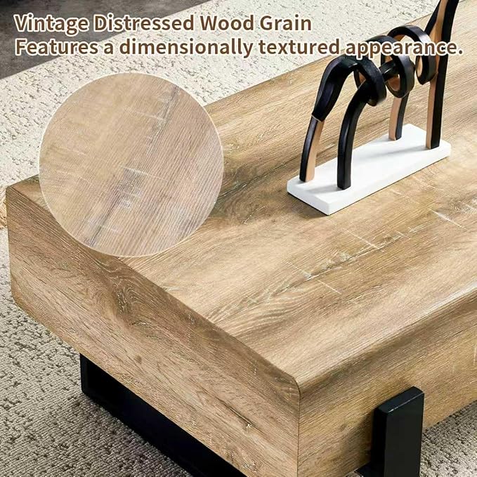 47.24" Rectangle Coffee Table, Wood Coffee Table Center Table with 7.8" Thick Tabletop Metal Legs Rounded Corners for Living Room Office, Natural Wood