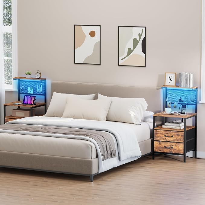 Tall Nightstand with Charging Station and LED Lights, Large Night Stands with 2 Fabric Drawers, Bedside Table with Storage Shelves and Hooks for Bedroom, Office, Dorm, Rustic Brown - Image 2