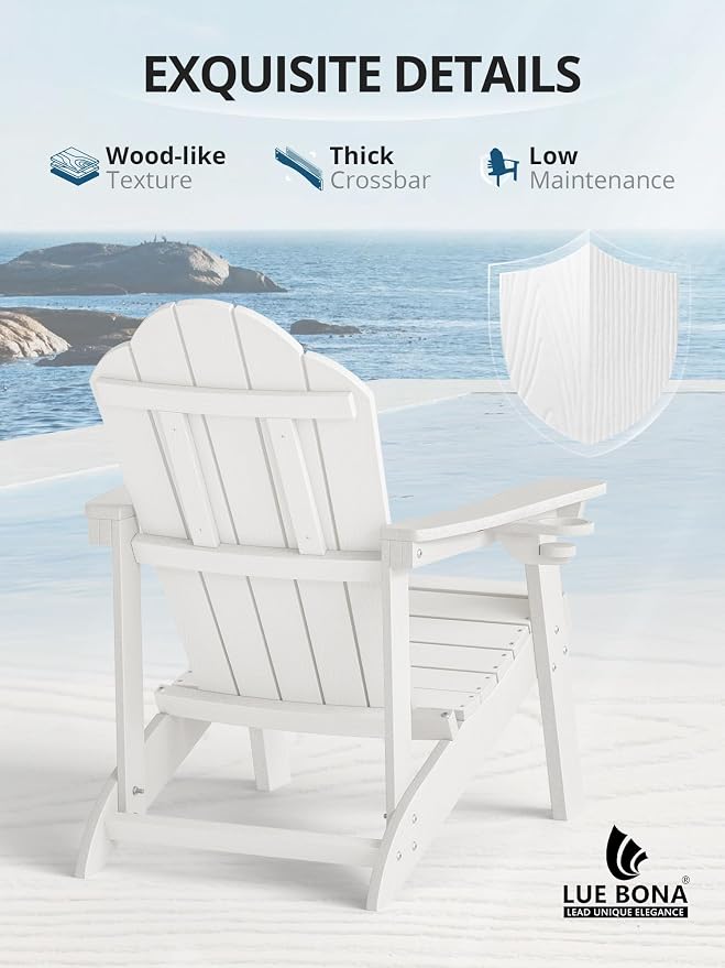 LUE BONA HDPE Adirondack Chairs Set of 8 - Salt-Spray Resistant Outdoor Seating with Cup Holder, Ideal for Poolside, Deck, Coastal Resort & Beachfront Property, White - Image 4