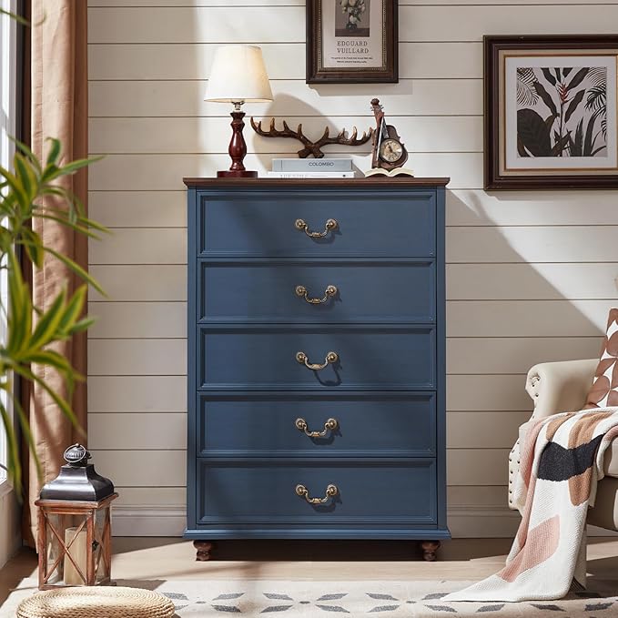 Joaxswe 24" Wide Farmhouse Nightstand with Charging Station Set of 2,54" 7 Drawers Dresser, 45" Tall Rustic Chests of 5 Drawers, Farmhouse Furniture Series for Bedroom,DarkBlue