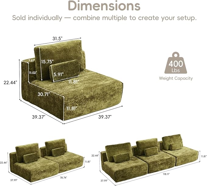 Modular Single Sofa Couch, Green Plush Velvet No-Assembly Compressed Sofa, Deep-Seat Lounge Chair for Small Spaces Living Rooms Bedrooms Reading Nooks