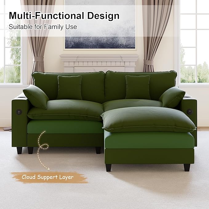80.7" Modular Sectional Sofa, L Shaped Cloud Couch with Movable Ottoman, Chenille Deep Seat Cloud Sofa with Charging Station, Cup Holder, Side Pocket, Sectional Couches for Living Room, Green