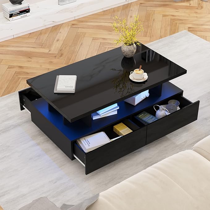MHOM 41.3" LED Coffee Table, Modern High Gloss Living Room Table with 4 Drawers, Stylish Center Table for Living Room, Office and Apartment, Black