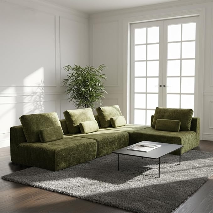 Modular Single Sofa Couch, Green Plush Velvet No-Assembly Compressed Sofa, Deep-Seat Lounge Chair for Small Spaces Living Rooms Bedrooms Reading Nooks