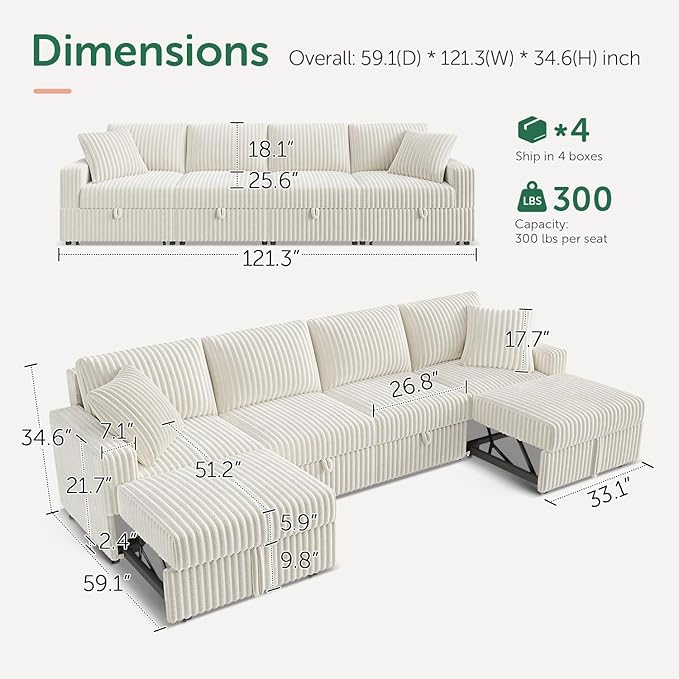 HONBAY 121.3 Inch Sectional Sofa, Modular L & U Shaped Pull Out Couch with Adjustable Backrest & Storage, Velvet White