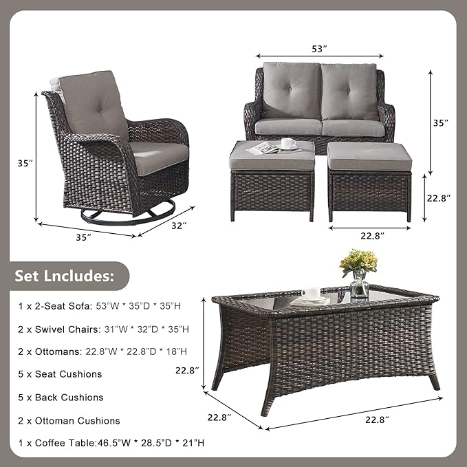 Rilyson Wicker Patio Furniture Set - 6 Piece Rattan Outdoor Sectional Conversation Sets with 2 Swivel Rocking Chairs,2 Ottomans,1 Loveseat and 1 Coffee Table for Porch Deck Garden(Brown/Grey)