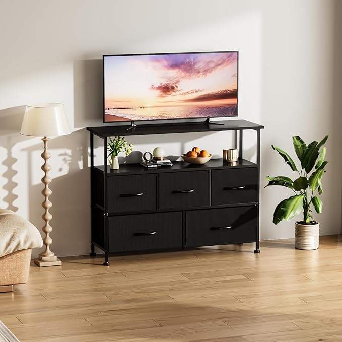 Simple Deluxe TV Stand Dresser for Bedroom Entertainment Center with 5 Fabric Drawers, Storage Organizers Units for Living Room, Media Console Table with Open Shelf up for 45" TV, Black, Wood top