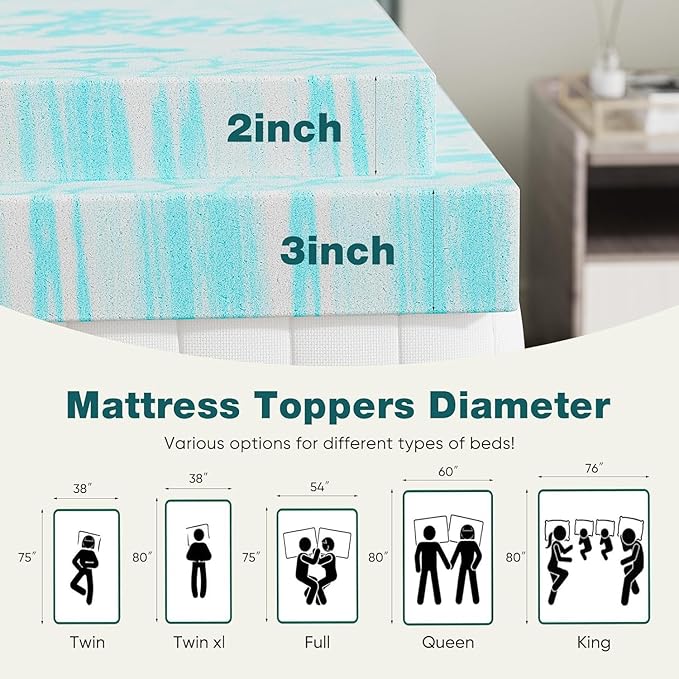 Sweetcrispy Mattress Topper Queen, Memory Foam 2 Inch Thick Gel Infused Cooling Toppers Pad for Queen Size Bed, Sleeper Sofa, RV, Camper, CertiPUR US, Breathable