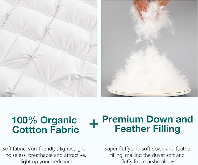 KAKABELL Pinch Pleat Goose Down Feathers Fiber Comforter Full/Queen Size All Season-Ultra Soft and Cozy Noiseless Duvet Insert with Egyptian Cotton Blend Cover,Fluffy Warm Comforter White,90"X90"