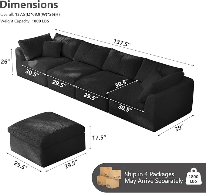 138" Modular Sectional Sofa Boneless Cloud Couch for Living Room, L Shape Deep Seat Recliner Sofa with Ottoman, Adjustable Backrest & 2 Throw Pillows - Covers Washable, (Black, 4 Seater+1 Ottoman)