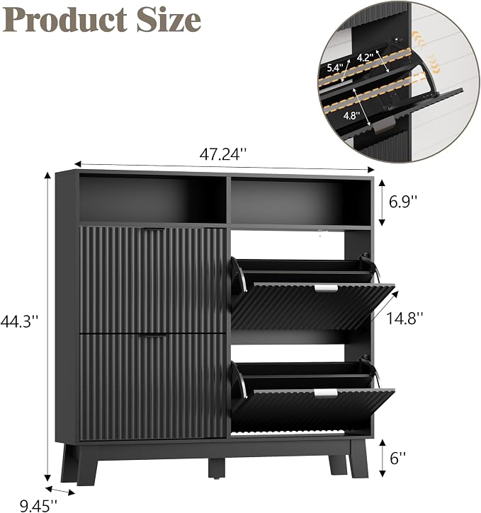 Shoe Cabinet Storage for Entryway with 4 Flip Drawers, Fluted Narrow Shoe Organizer with Wooden Legs & Top Cubby, Freestanding Slim Shoe Storage Hidden Shoe Rack for Front Door Entrance, Black - Image 2
