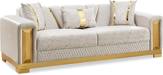Furniture of America Samison II Glam Solid Wood Upholstered Couch with Accent Pillows, Damask Pattern and Gold Base, Comfortable Sofa for Living Room, Bedroom, Office, Beige