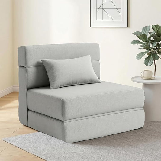 Folding Sofa Bed with Pillow- Convertible Chair Floor Couch & Sleeping Mattress, Foldable Memory Foam Sleeper for Living Room/Dorm/Guest Room/Home Office/Apartment/Loft, Single28, Light Gray