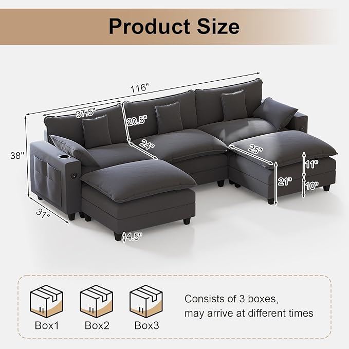 116" Modular Sectional Sofa, U Shaped Cloud Couch with Movable Ottoman, Chenille Deep Seat Cloud Sofa with Charging Station, Cup Holder, Side Pocket, Sectional Couches for Living Room, Grey