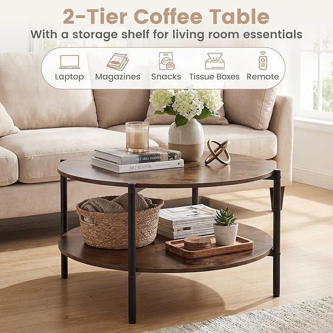 Giantex Round Coffee Table, 33.5" Small Center Table with Open Storage Shelf and Heavy-Duty Metal Frame, 2-Tier Wood Cocktail Accent Table, Living Room Tables for Small Spaces, Rustic Brown