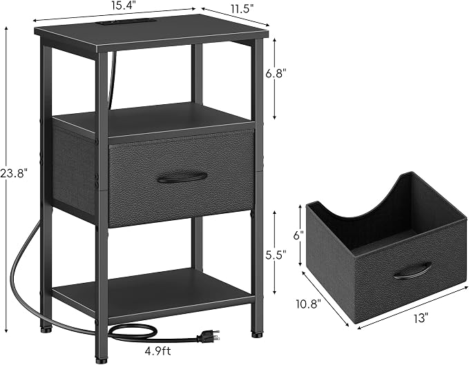 Vagusicc Set of 2 Nightstand with Charging Station, Bed Side Table with Adjustable Fabric Drawer, Night Stand for Bedroom, 3-Tier Storage End Table for Living Room, Tall Nightstand for Bedroom, Black - Image 3