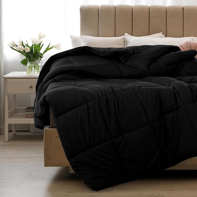 LUX Décor Twin Comforter – 92x68 Ultra-Soft Down Alternative Duvet Insert with Corner Tabs & Box Stitching, Hotel Quality Plush Microfiber Bedding, Oeko-TEX Certified - Black