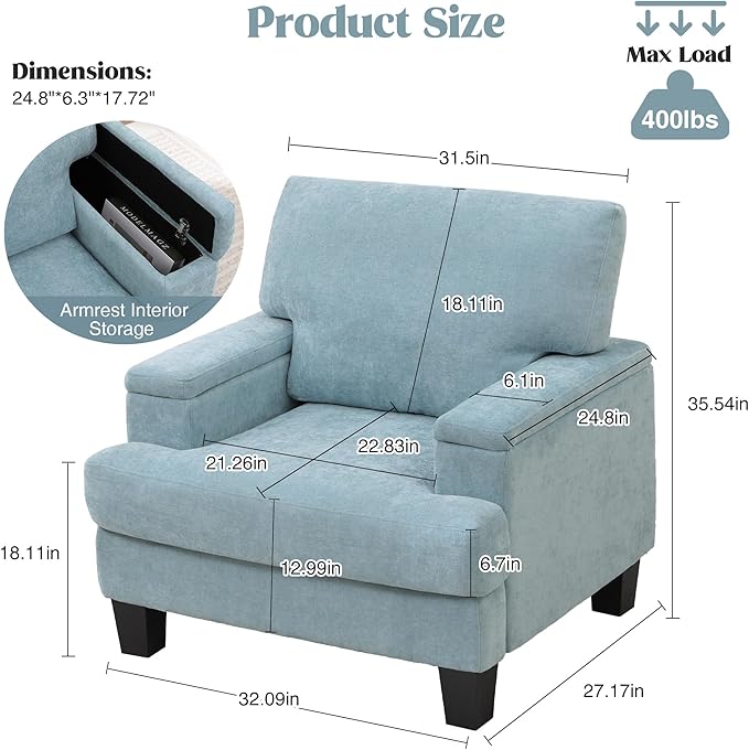 Oversized Accent Chair with Storage Armrest, Modern Upholstered Reading Living Room Chairs, Comfy Large Armchair, Fabric Single Sofa Chair for Bedroom (Green)