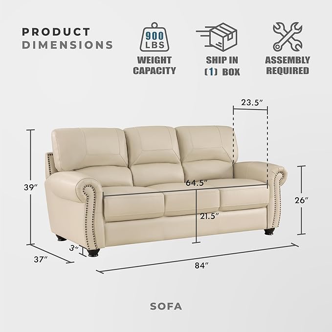 Lexicon Leather Match Couch for Living Room with Wood Frame, Rolled Armrest & Nailhead Trim, Top Grain Leather Match Sofa for Bedroom, Office, Waiting Room, 3-Seater Sofa, Cream