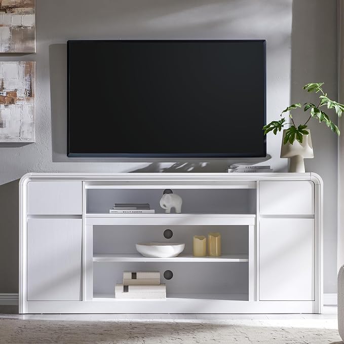 Modern TV Stand for 80 Inch TVs, 32"Tall Entertainment Center w/Storage Cabinet& drawers, Media Console Cabinet w/Soundbar & Adjustable Shelves for Living Room, Curved Profile Design, 70 inch (White) - Image 6