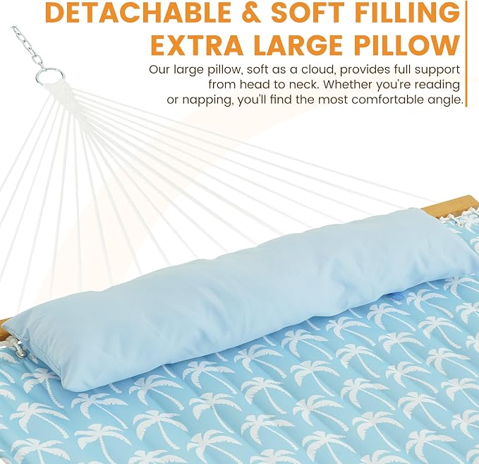 Lazy Daze Hammocks 12FT Quilted Fabric Hammock with Soft Pillow, Double 2 Person Tree Hammock with Spreader Bar for Outside Patio Poolside Backyard Beach, 450 lbs Capacity, Coastal Floral - Image 3