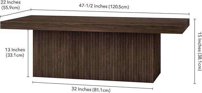 Henn&Hart 48" Fluted Low-Profile Coffee Table with Ribbed Base for Living Room, Family Room, or Office, Warm Brown