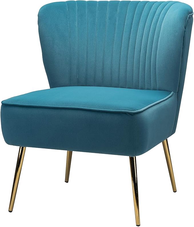 HULALA HOME Velvet Accent Chair, Modern Upholstered Cute Side Chair with Gold Metal Legs, Armless Wingback Slipper Chair Comfy Living Room Chair for Bedroom Guest Room Vanity, Blue