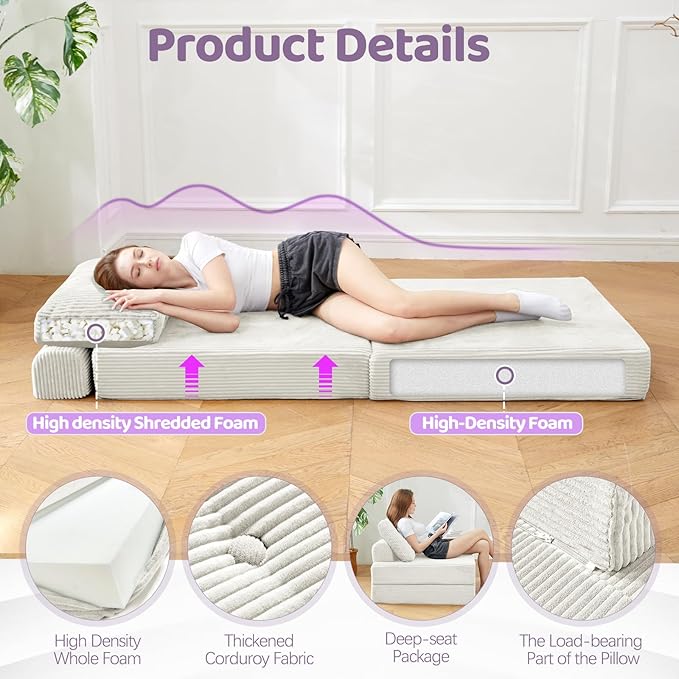 Folding Sofa Bed Chair, Sleeper Chair for Adults with High-Density Foam and Pillow,Portable 3 in 1Folding Chair Bed for Living Room、Apartment 、Hotel,Single, Creamy Apricot
