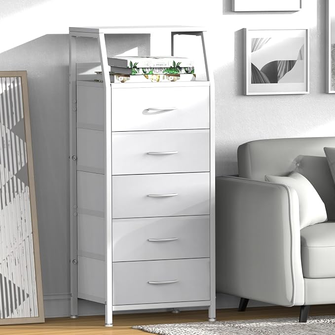 White Dresser for Bedroom, Storage Organizer with 5 Drawers, Vertical Fabric Storage Stand, Nightstand Bedside Table, Sturdy Steel Frame & Wooden Top - Image 2