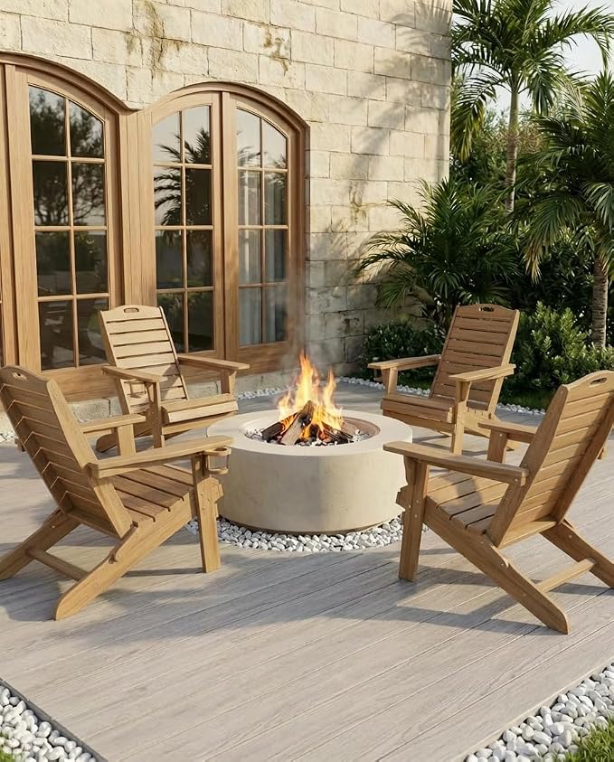 Folding Adirondack Chair with Retractable Ottoman Weather Resistant Fire Pit Chair Patio Chair with 2 Cup Holder Lawn Outdoor Lounge Chair (Teak) - Image 2
