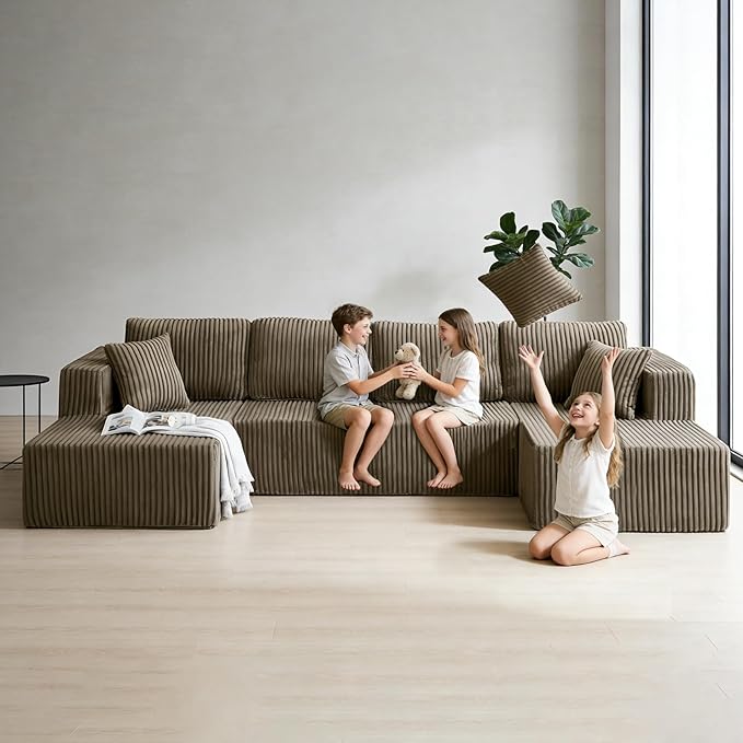 132.48" U-Shaped Sectional Couch, 4-Seat Frameless Modular Sofa with Oversized Chaise, Big Comfy Cloud Couch Set in Soft Corduroy, No-Assembly Boneless Sofas for Living Room, Compressed, Brown