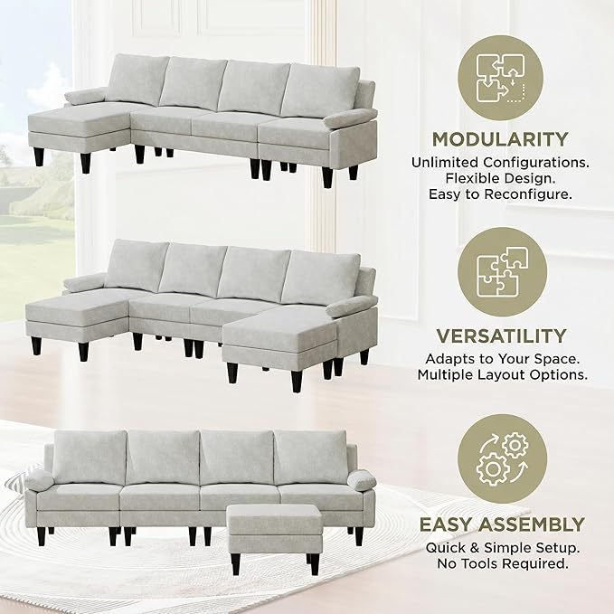 4-Seat U-Shaped Modular Sofa with Double Storage Ottoman - Space-Saving Convertible Lounge Couch for Home & Office, White