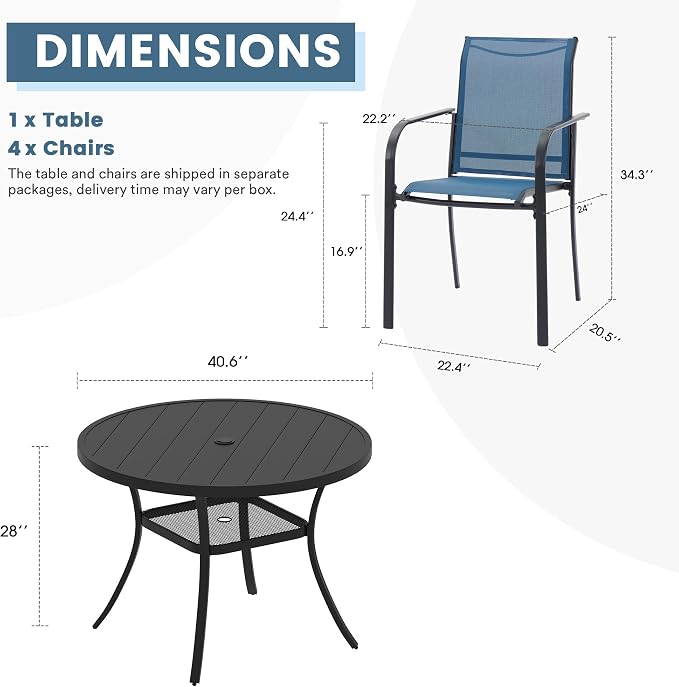 DIFY Outdoor Dining Set for 4, Patio Dining Furniture Set Includes 42" Black Round Table with Adjustable Umbrella Hole and 4 Blue Stackable Metal Chairs for Poolside, Garden, Backyard - Image 2