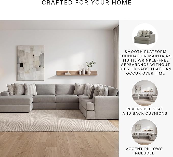 Signature Design by Ashley Avaliyah Contemporary Right-Arm Facing 6-Piece Sectional with Armrest, Throw Pillows and Reversible Cushions, Gray